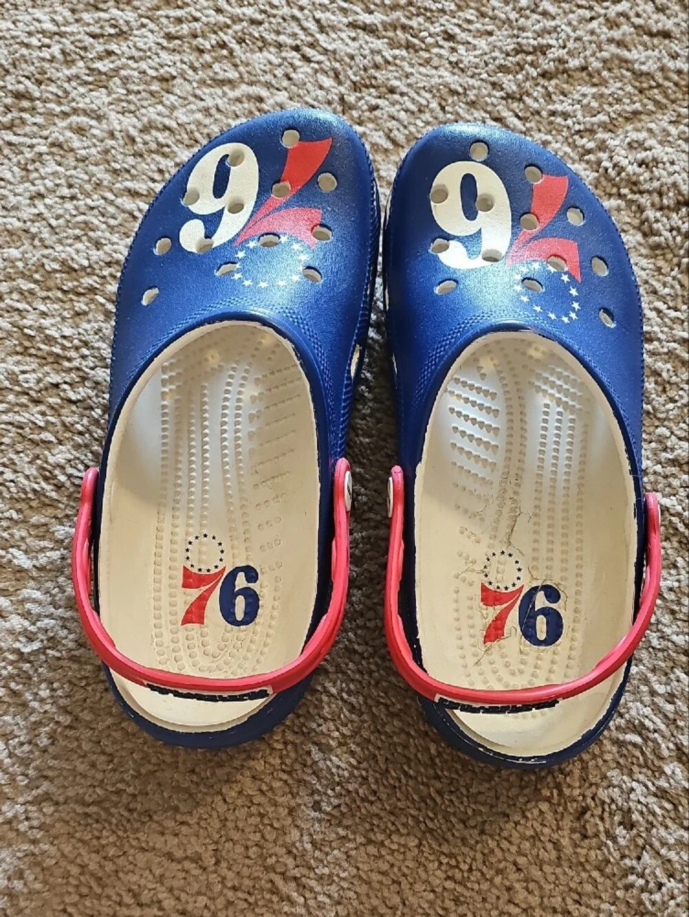 CROCS Navy Blue and Red Slip-On Clogs with Number Graphic